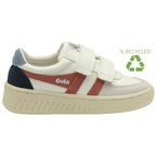 White Gola kids' sneakers with red stripes and navy accents, featuring a "% recycled" logo.