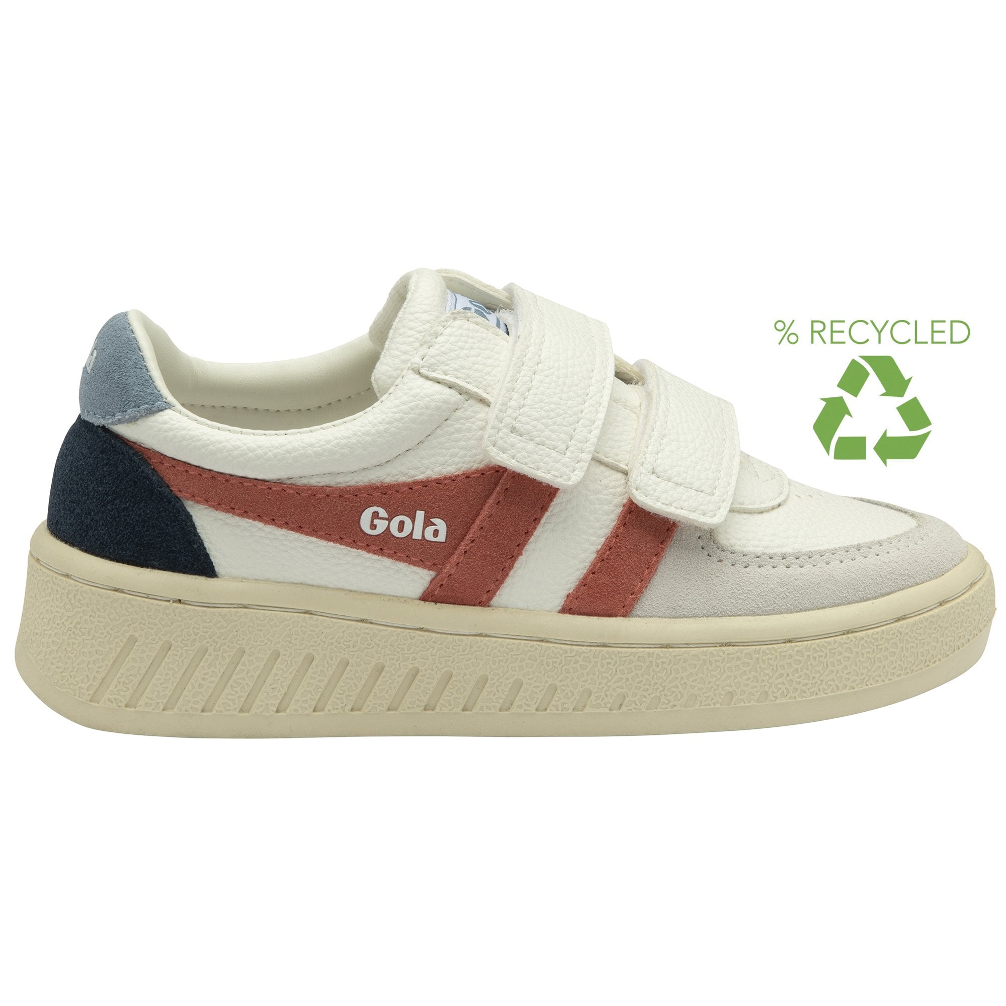 White Gola kids' sneakers with red stripes and navy accents, featuring a "% recycled" logo.
