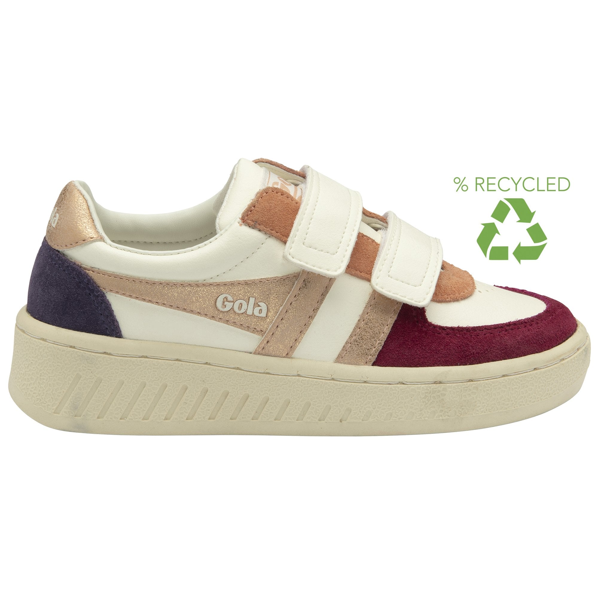 A recycled Gola sneaker with multiple white, gold, dark blue, and maroon shades.