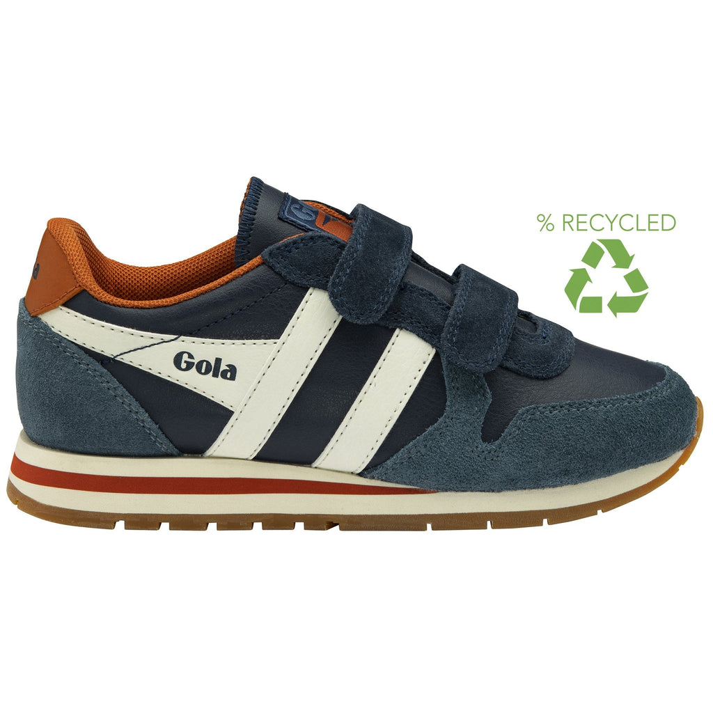 Side profile of a Gola Active kids' trainer in navy, blue, and white with a recycled logo.