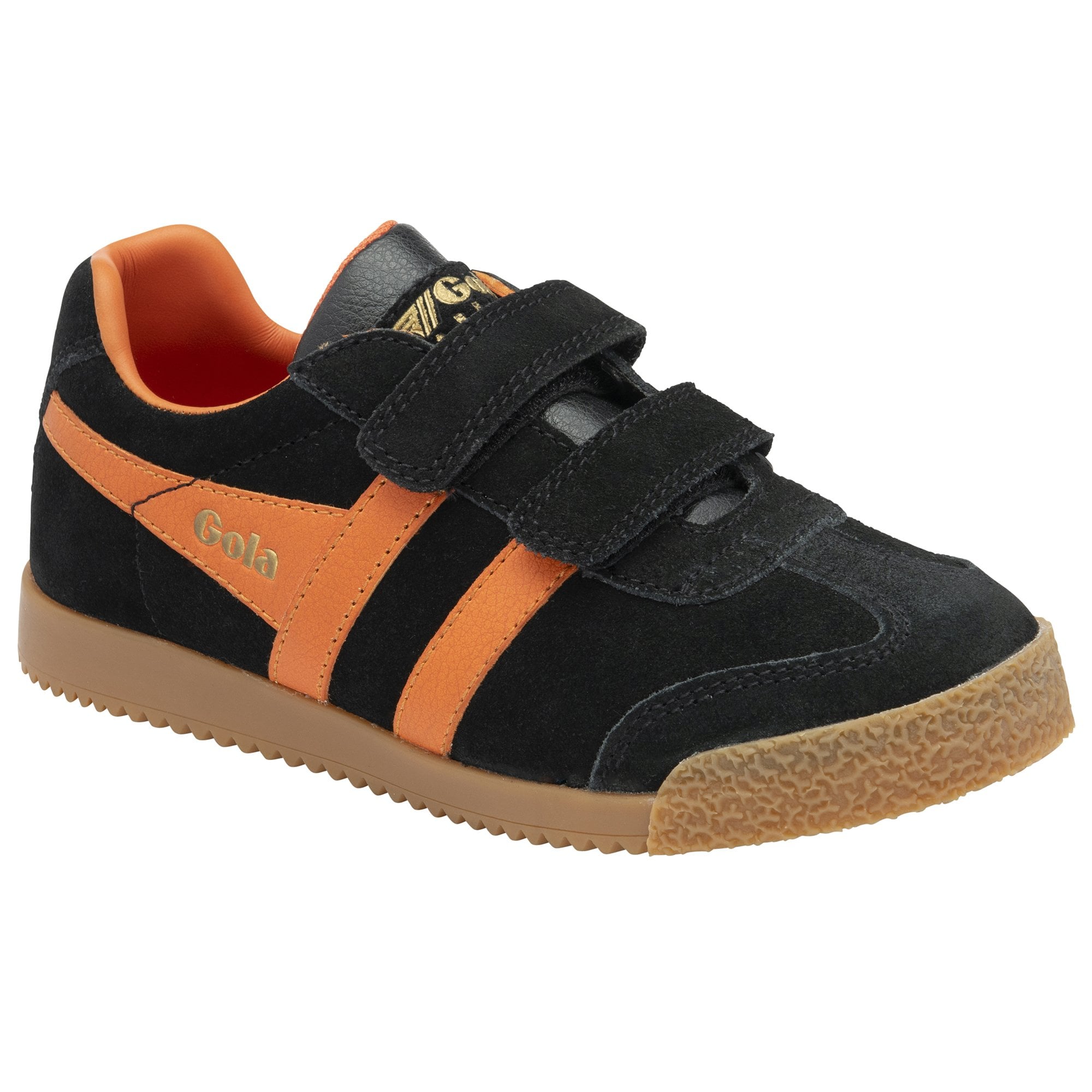 A single black and orange Gola kids trainer with velcro straps, shown at an angle.