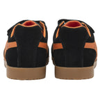 The rear view of a pair of black and orange Gola kids trainers.