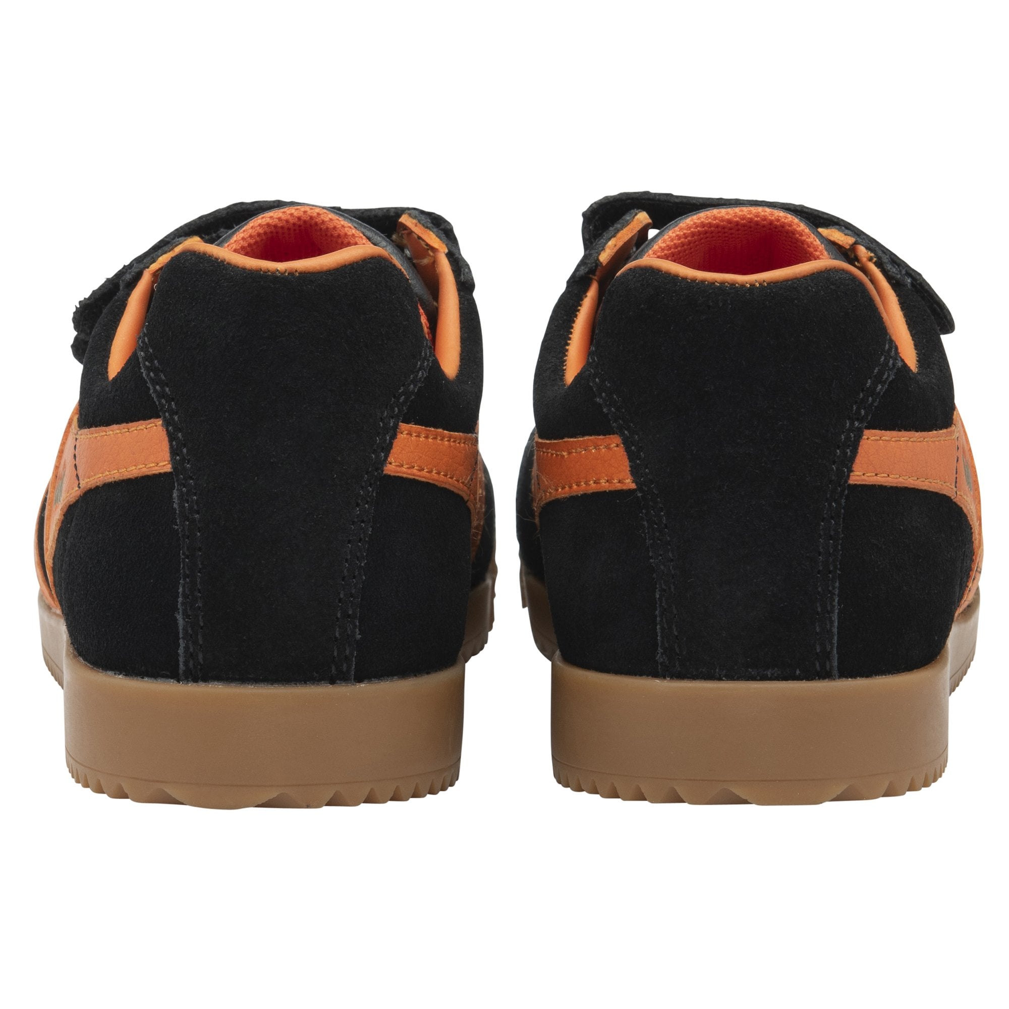 The rear view of a pair of black and orange Gola kids trainers.