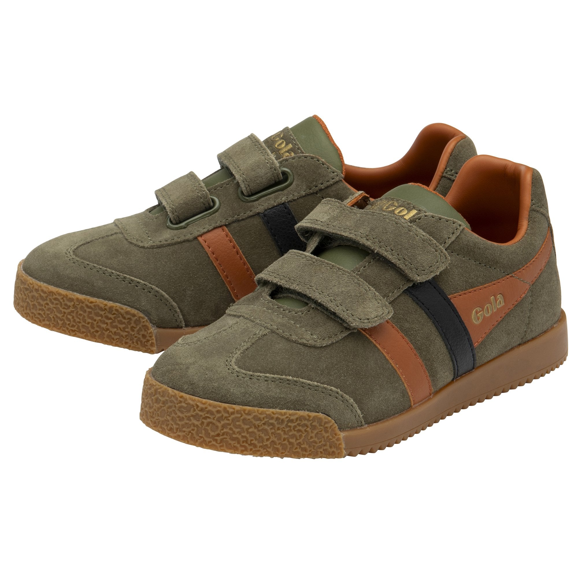 Pair of Gola Active Kids Coaster Strap Trainers in khaki, orange, and black.