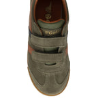 Top-down view of a Gola Active Kids Coaster Strap Trainer in khaki, orange, and black.