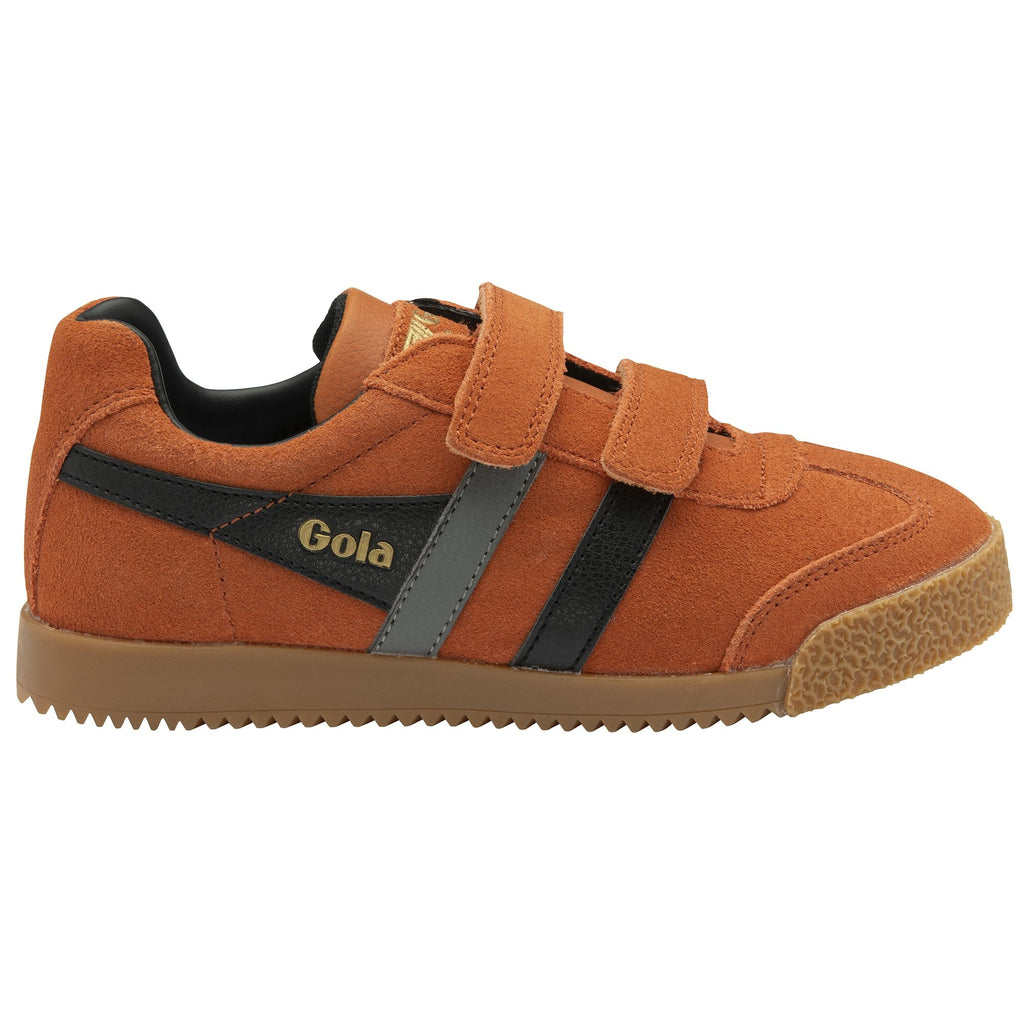 Brown suede kids Gola sneakers with black stripes on a white background.