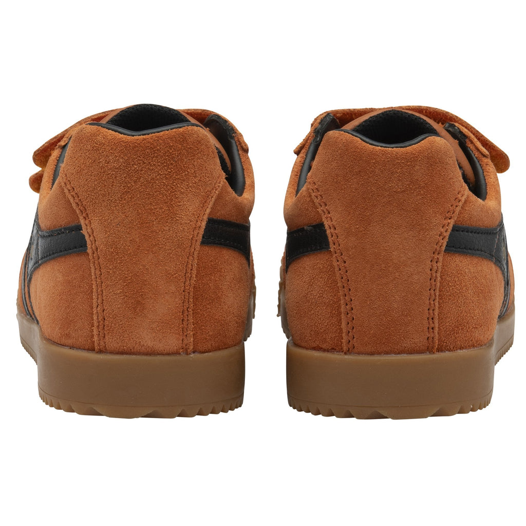 Back view of brown suede kids Gola sneakers with black stripes on a white background.