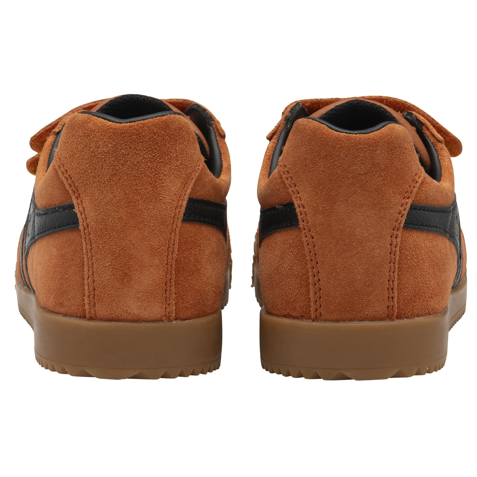 Back view of brown suede kids Gola sneakers with black stripes on a white background.
