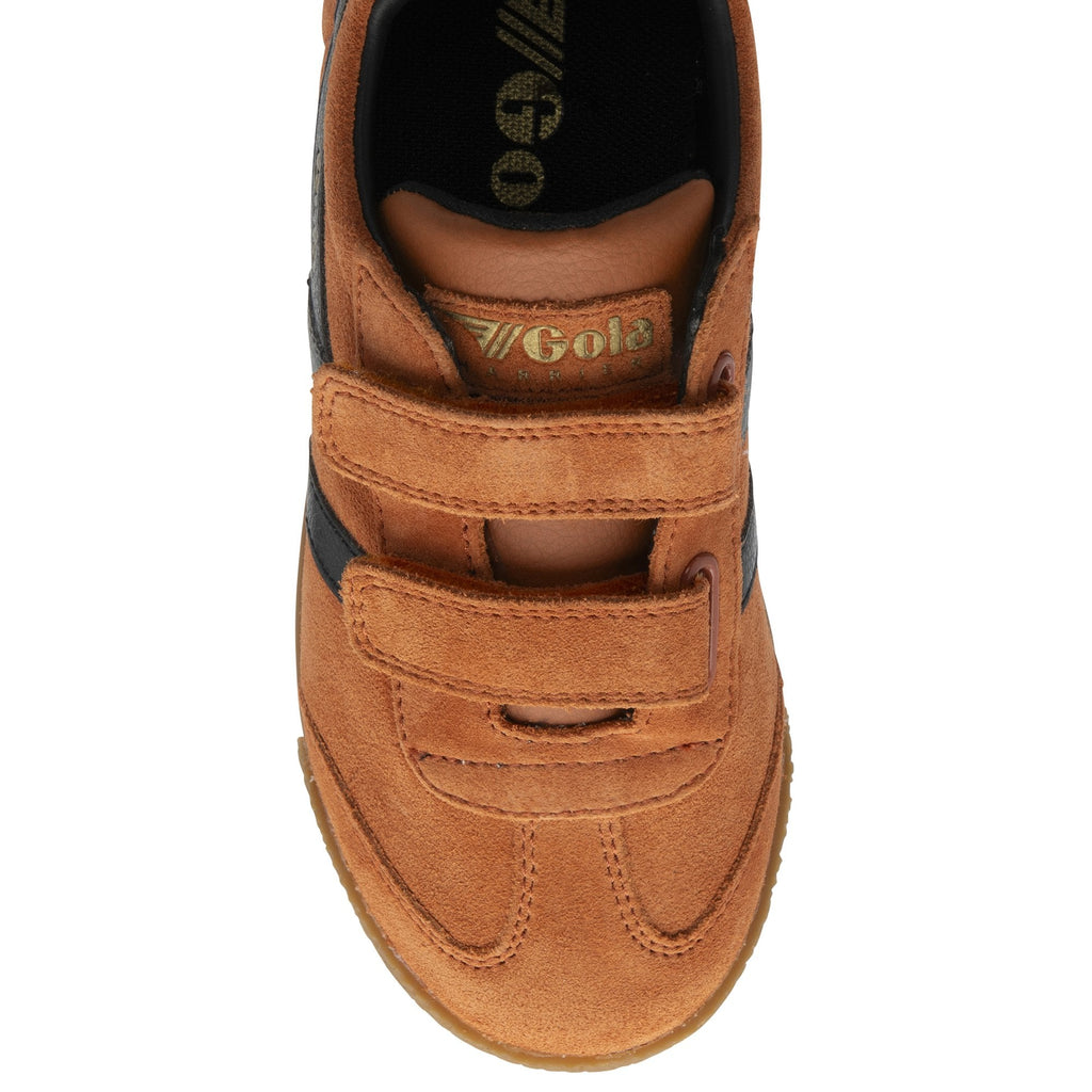 Top view of brown suede kids Gola sneakers with black stripes on a white background.