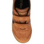 Top view of brown suede kids Gola sneakers with black stripes on a white background.