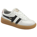 Angled side view of a white Gola sneaker with black stripes and a gum sole.
