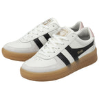 Pair of white Gola sneakers with black stripes and gum soles shown at an angle.