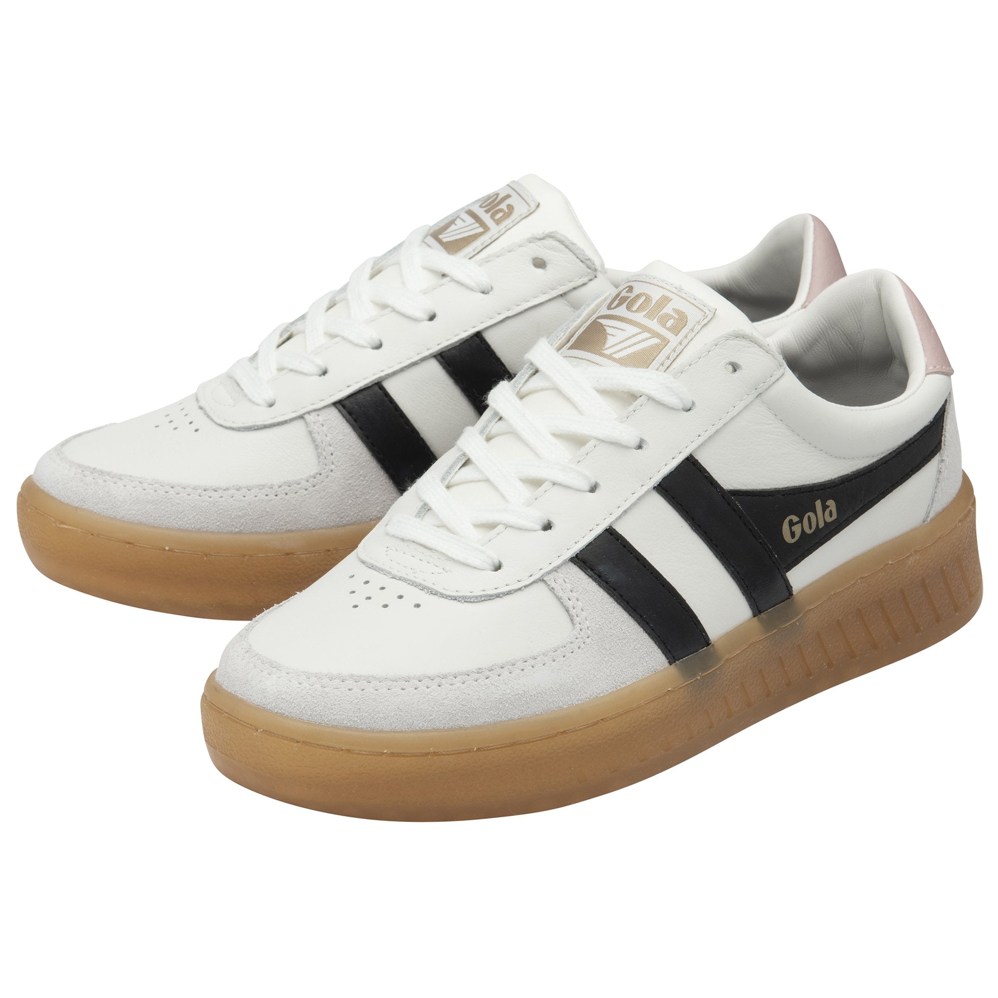 Pair of white Gola sneakers with black stripes and gum soles shown at an angle.