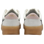Back view of a pair of white Gola sneakers with pink accents and gum soles.