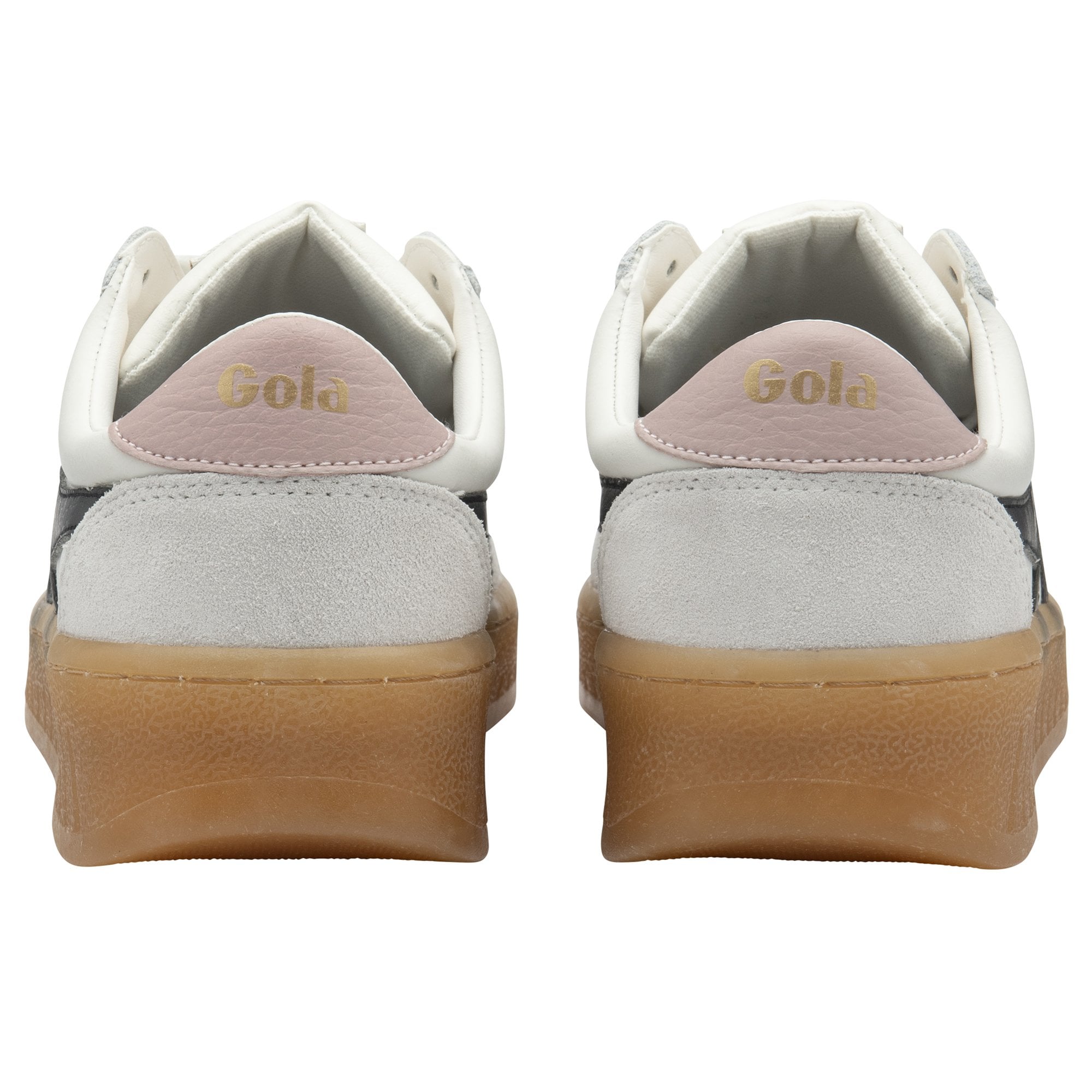 Back view of a pair of white Gola sneakers with pink accents and gum soles.