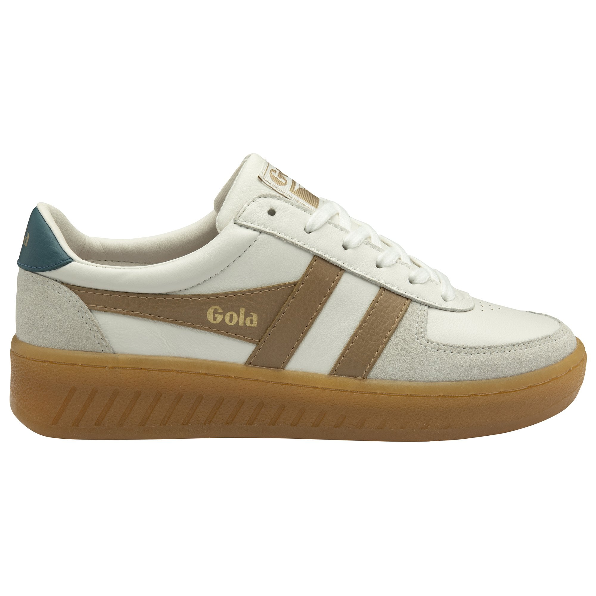 A single white and brown Gola sneaker with a gum sole, viewed from the side.