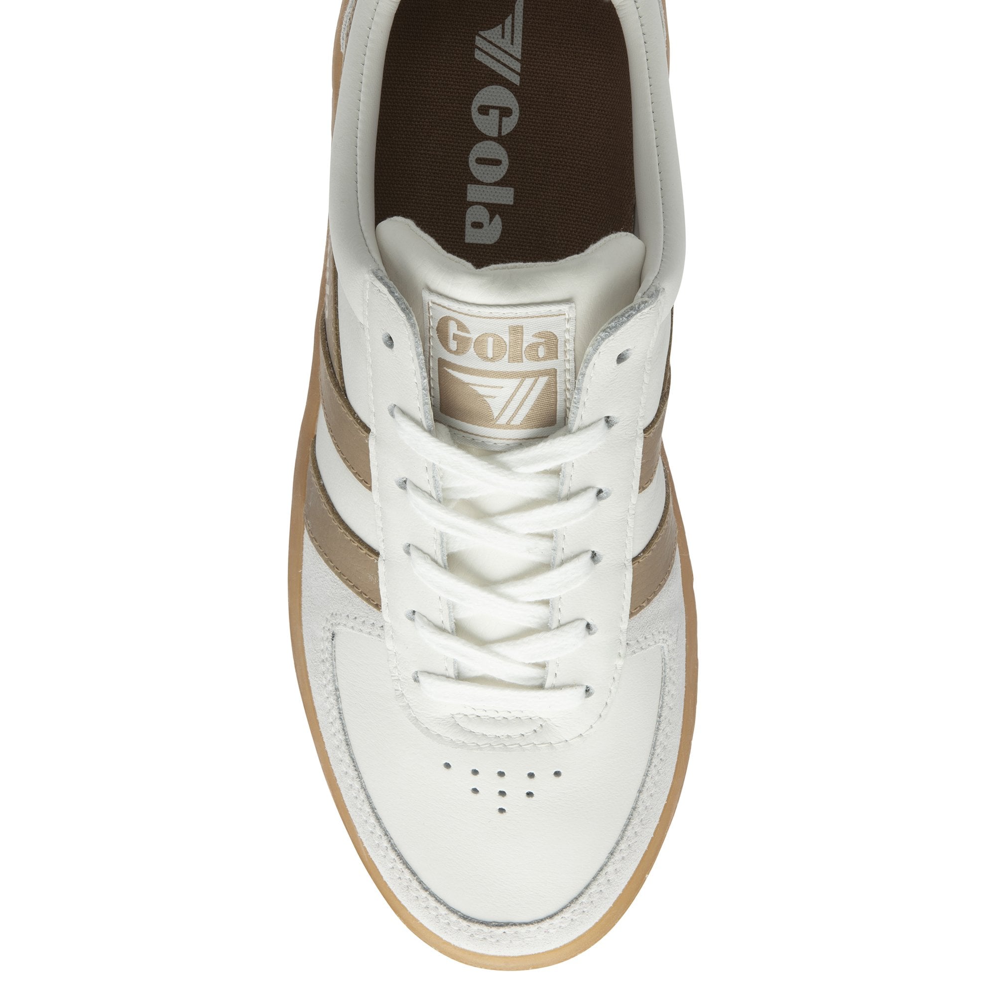The top-down view of a single white and brown Gola sneaker.