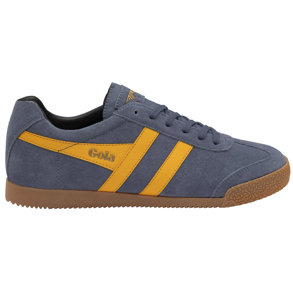 Side view of a single Gola men's sneaker in navy with yellow stripes and a gum sole.