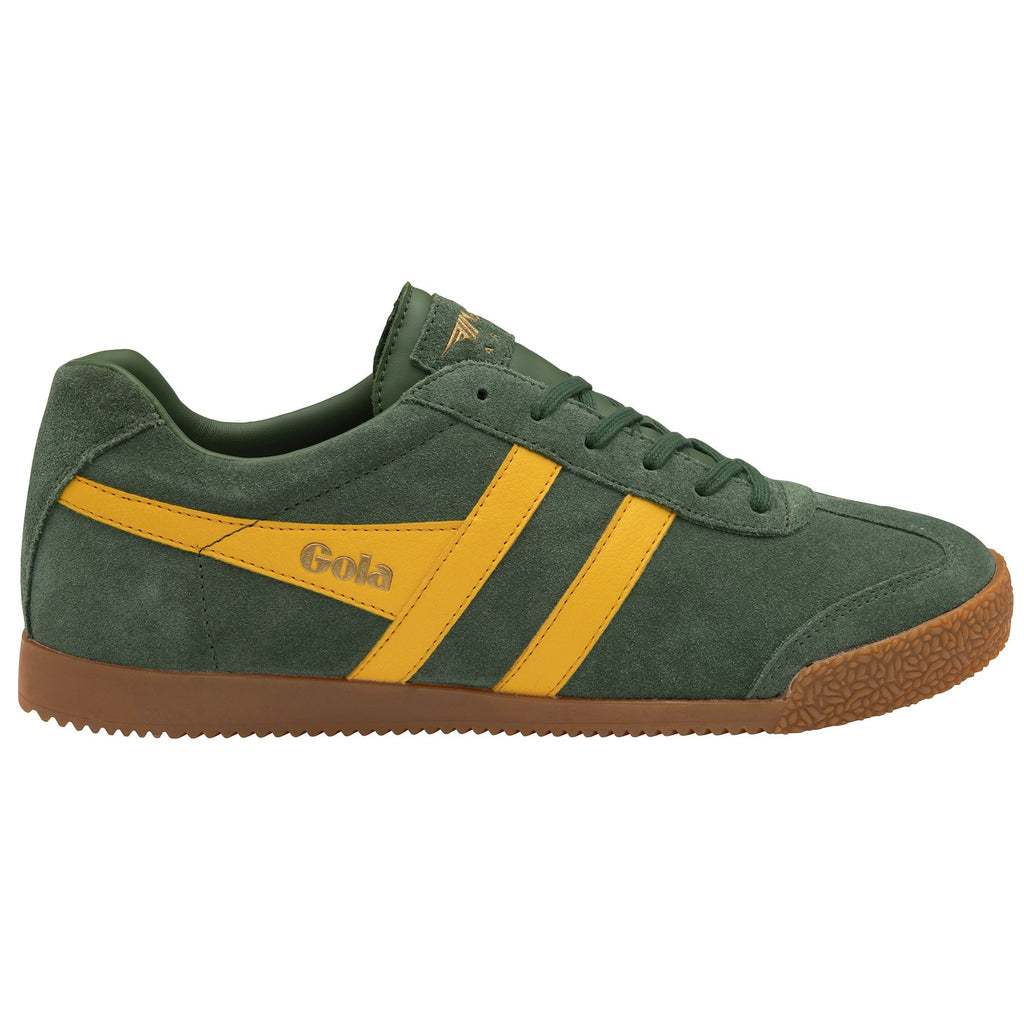 Men's dark green Gola sneakers with gold stripes and a gum sole, viewed from the side.