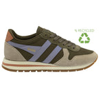 A recycled khaki sneaker with purple and beige accents and a recycling logo on the right.