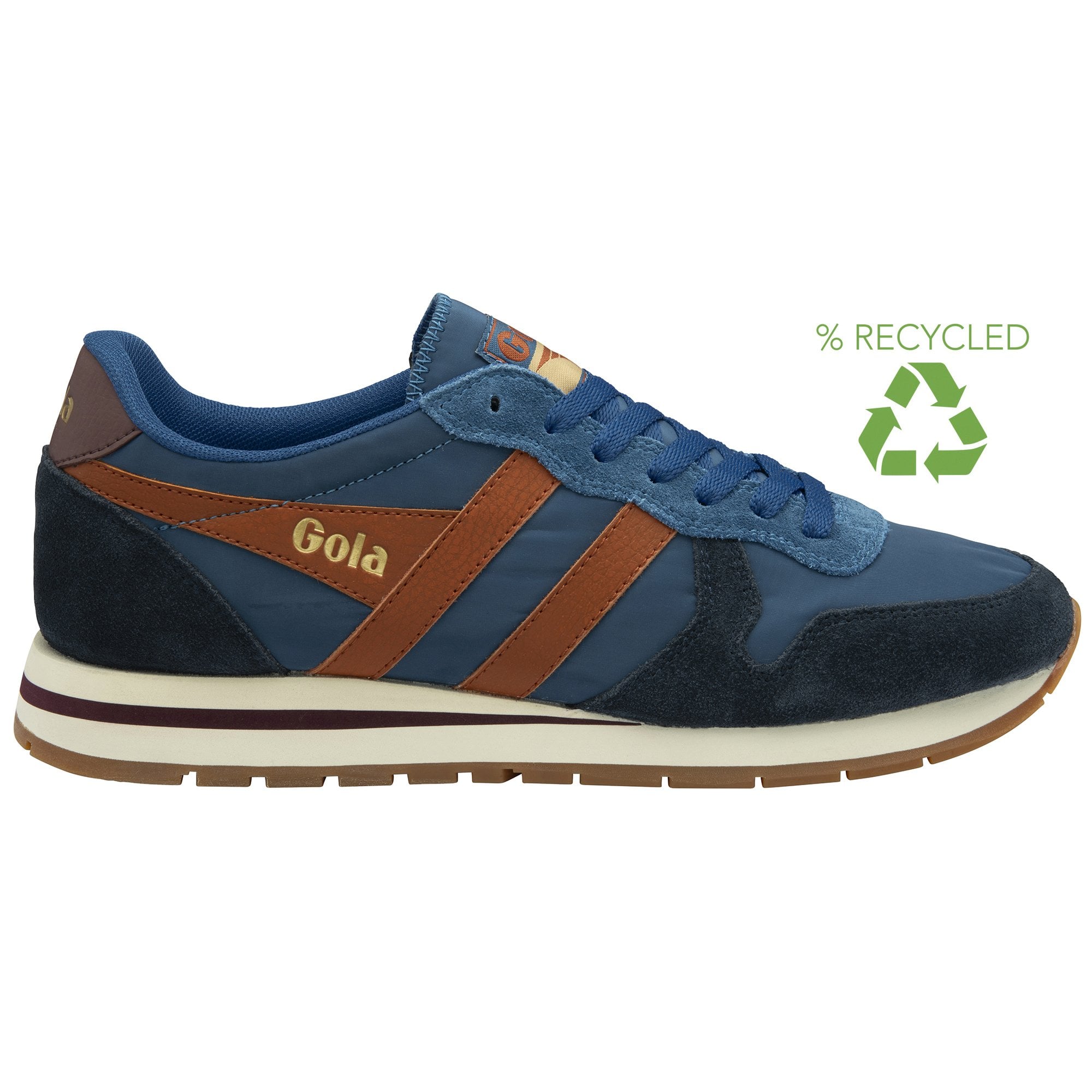 Side profile of a Gola men's sneaker in blue with brown stripes and a recycled logo.
