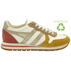 A white, gold, and red Gola sneaker with a "RECYCLED" symbol.