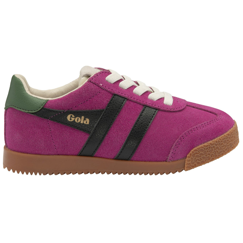A single magenta Gola sneaker with green heel tab and black stripes on the side.