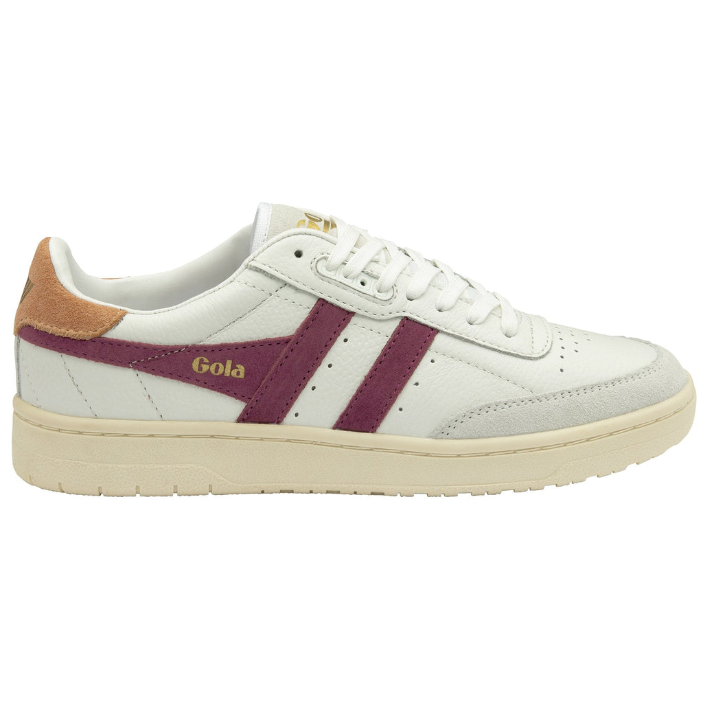 Side view of a white Gola sneaker with two burgundy stripes and a tan heel.