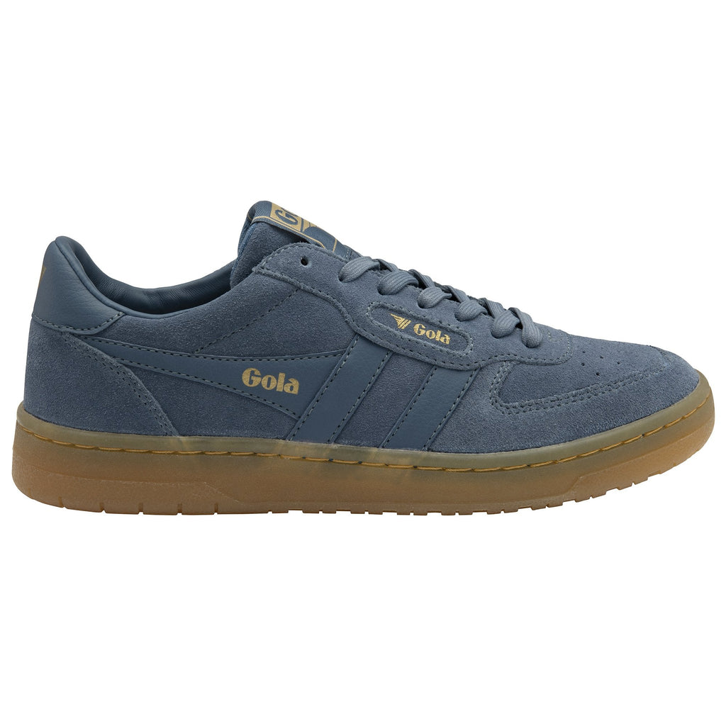 A single Gola men's sneaker in blue with a brown sole, viewed from the right side.