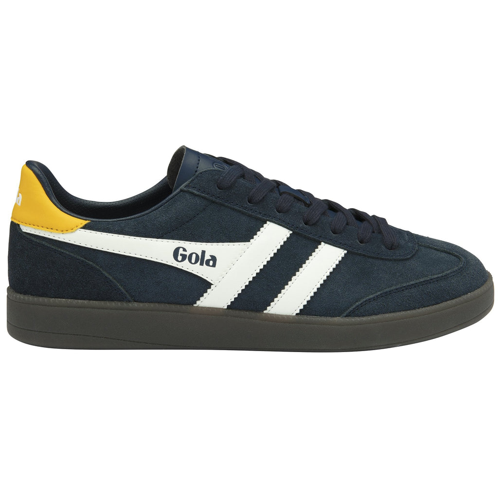 A single men's navy blue Gola trainer with white stripes on a white background.