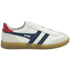 Side profile of a white Gola sneaker with navy stripes and a red heel accent.