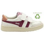 A white Gola children's sneaker with burgundy accents, hook-and-loop straps, and a recycled symbol.
