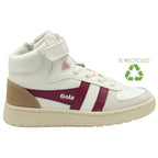 Side view of a white Gola high-top sneaker with burgundy stripes and a recycled logo. 