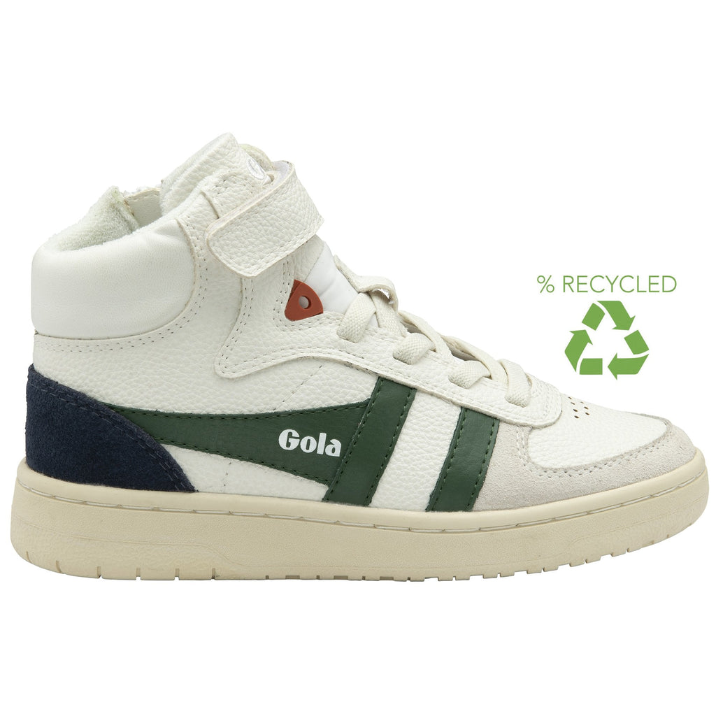 A recycled Gola Kids' Elan Trainer in off-white, green, and navy on a white background.