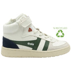 A recycled Gola Kids' Elan Trainer in off-white, green, and navy on a white background.