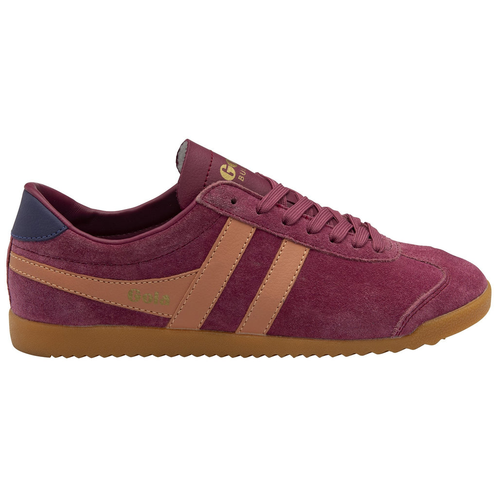 Side profile of a single Gola Bullet Trainer in burgundy with tan stripes.
