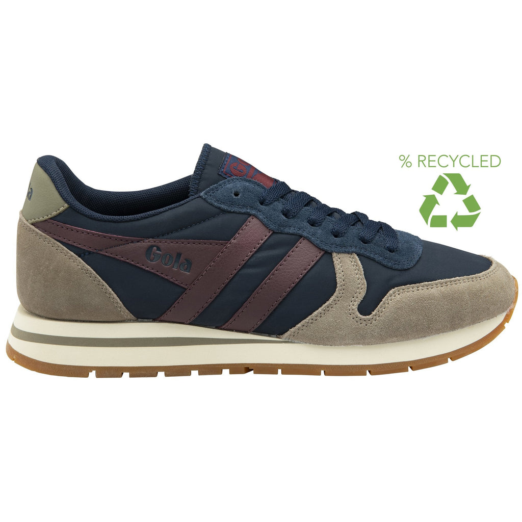 A recycled materials Gola men's sneaker, with navy, gray, and maroon colors. Side view.