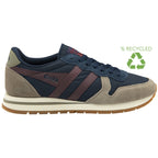A recycled materials Gola men's sneaker, with navy, gray, and maroon colors. Side view.