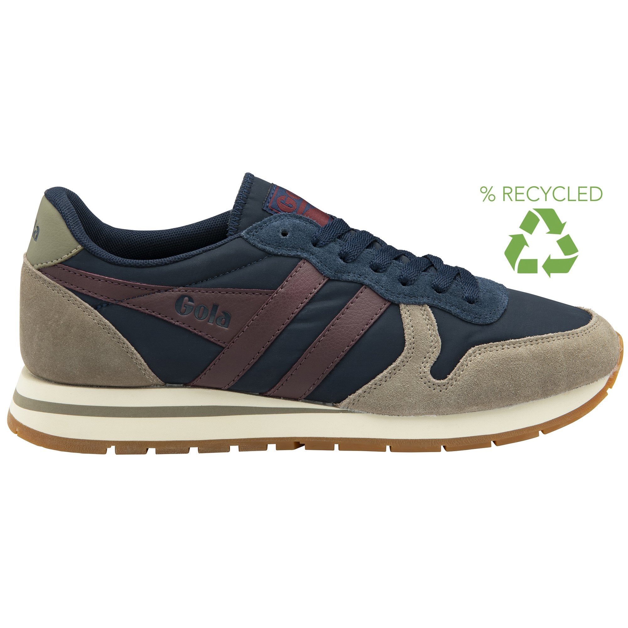 A recycled materials Gola men's sneaker, with navy, gray, and maroon colors. Side view.