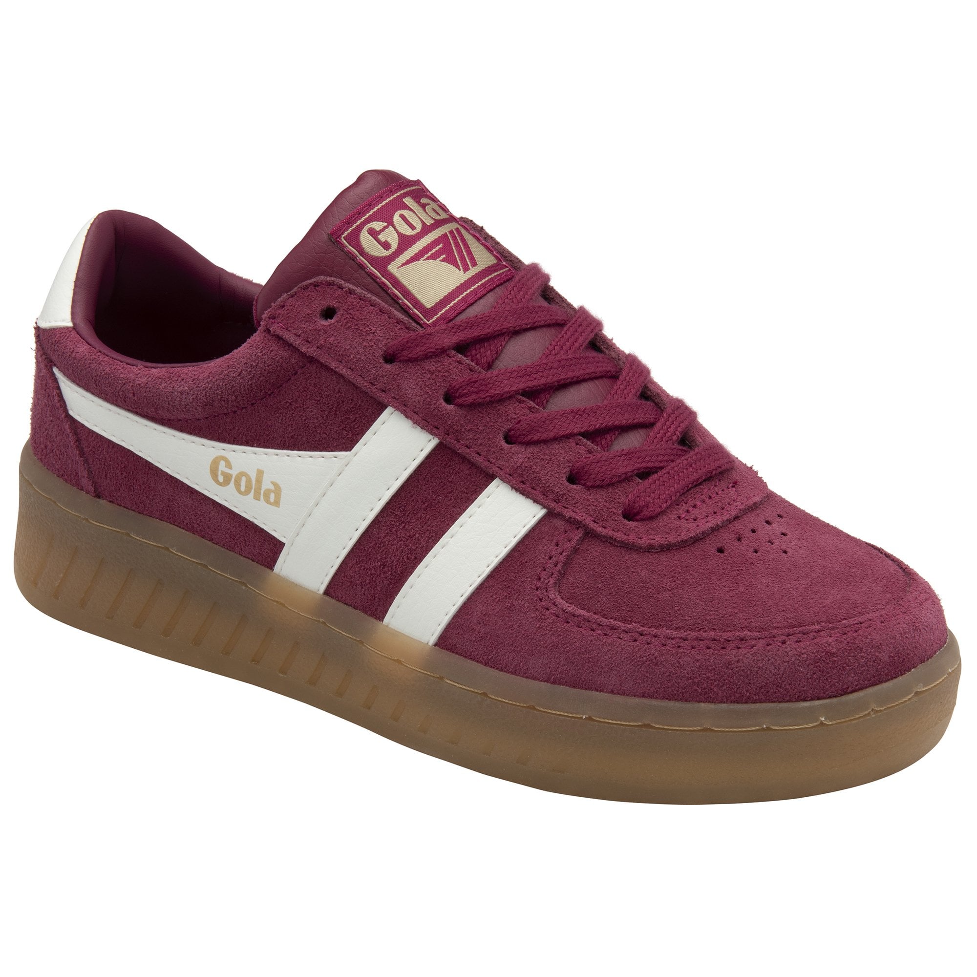 A single Gola men's sneaker in burgundy with white stripes from a 3/4 angle.