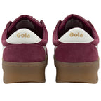 A pair of Gola men's sneakers in burgundy with white stripes from a back angle.