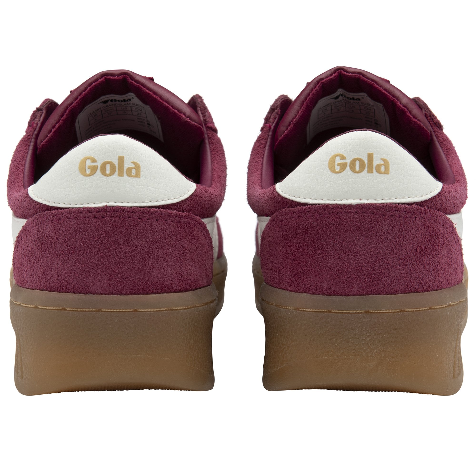 A pair of Gola men's sneakers in burgundy with white stripes from a back angle.