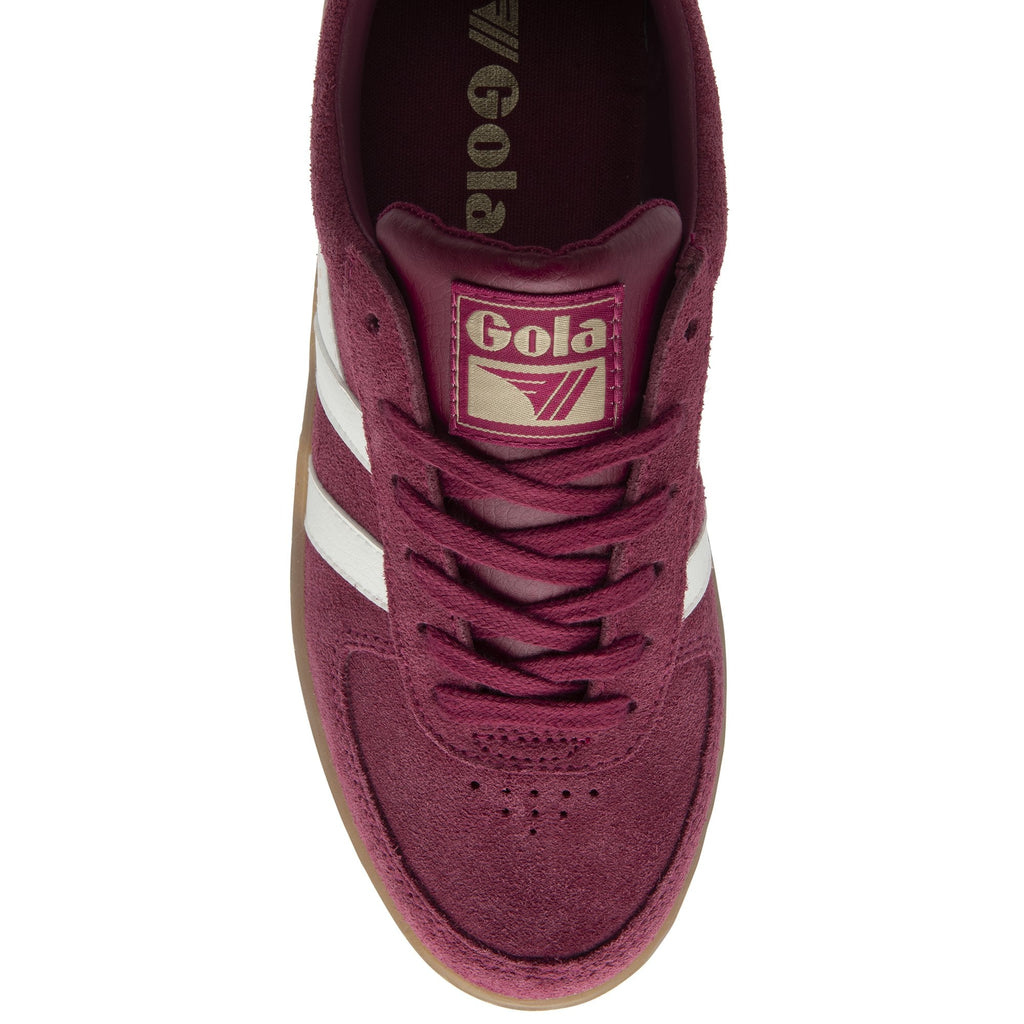 A single Gola men's sneaker in burgundy with white stripes from a top angle.