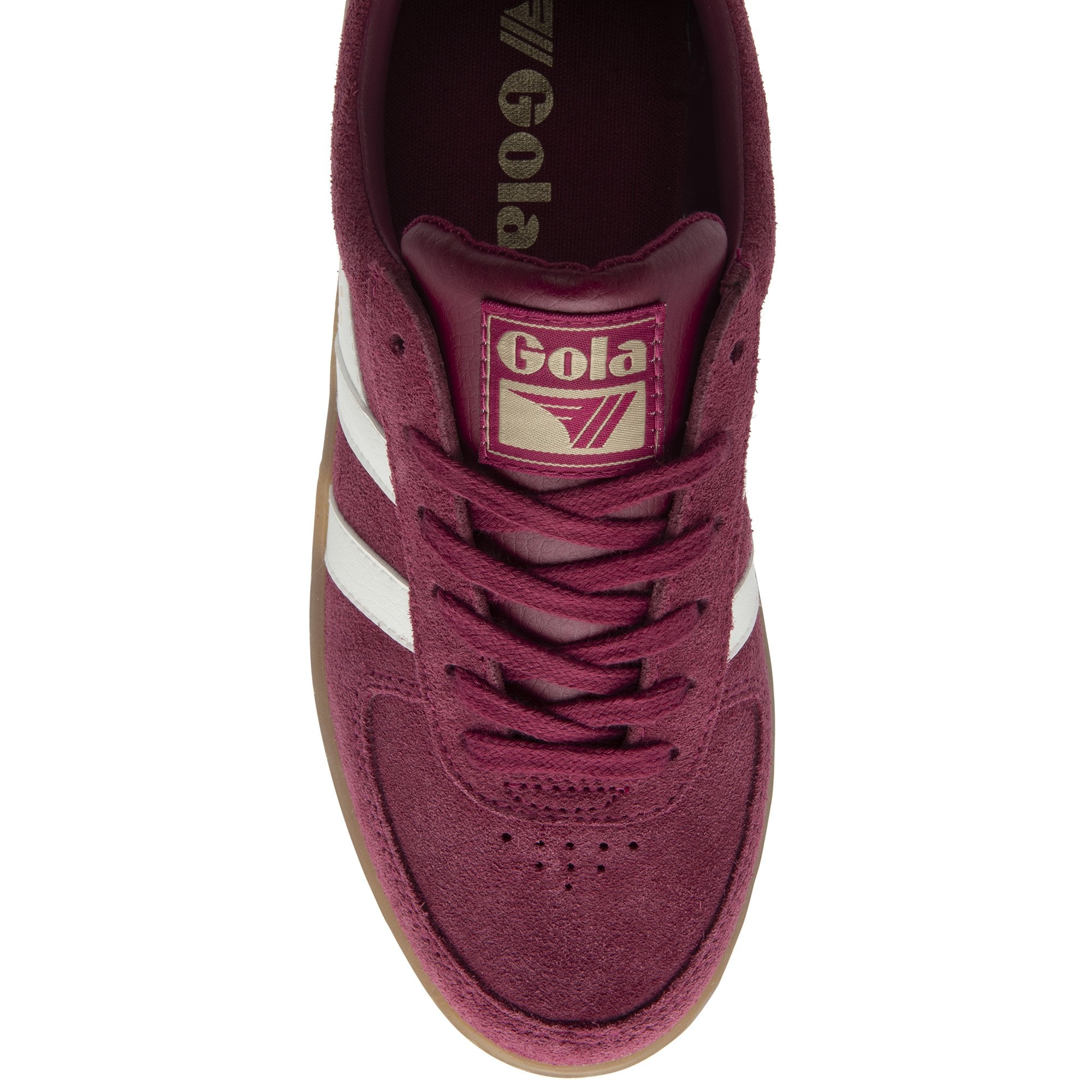 A single Gola men's sneaker in burgundy with white stripes from a top angle.