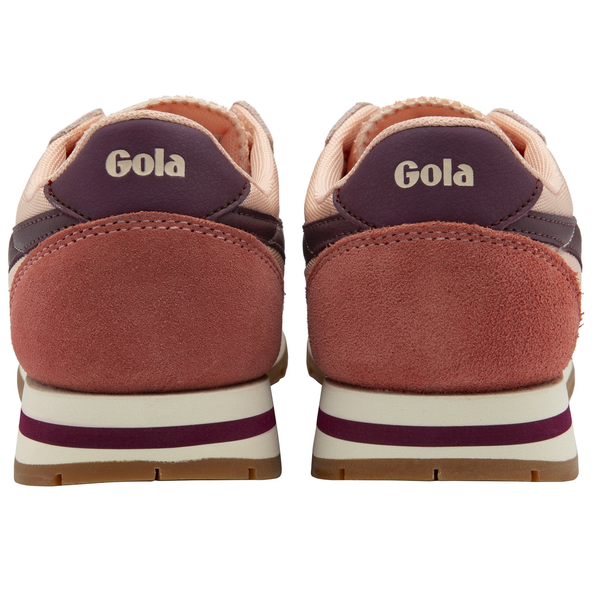 Rear view of Gola Orchid women's trainers, emphasizing the purple Gola logo and rose pink heel.