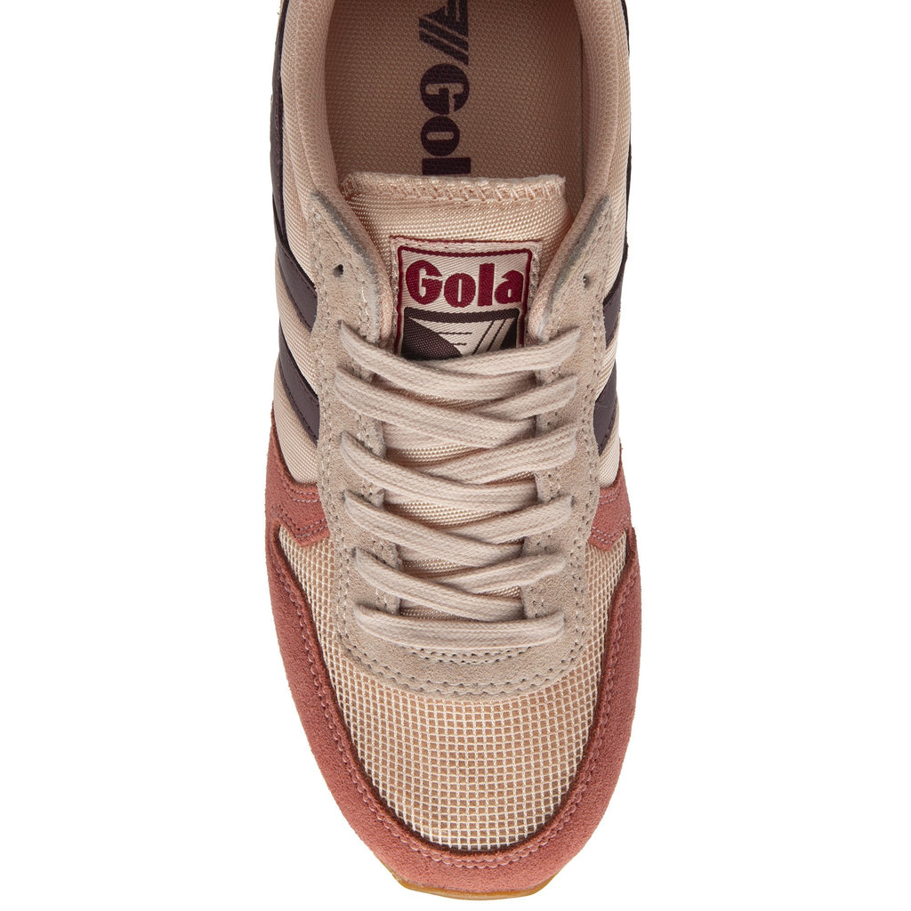 Top-down view of a Gola Orchid trainer, showcasing its peach, rose pink, and purple details.