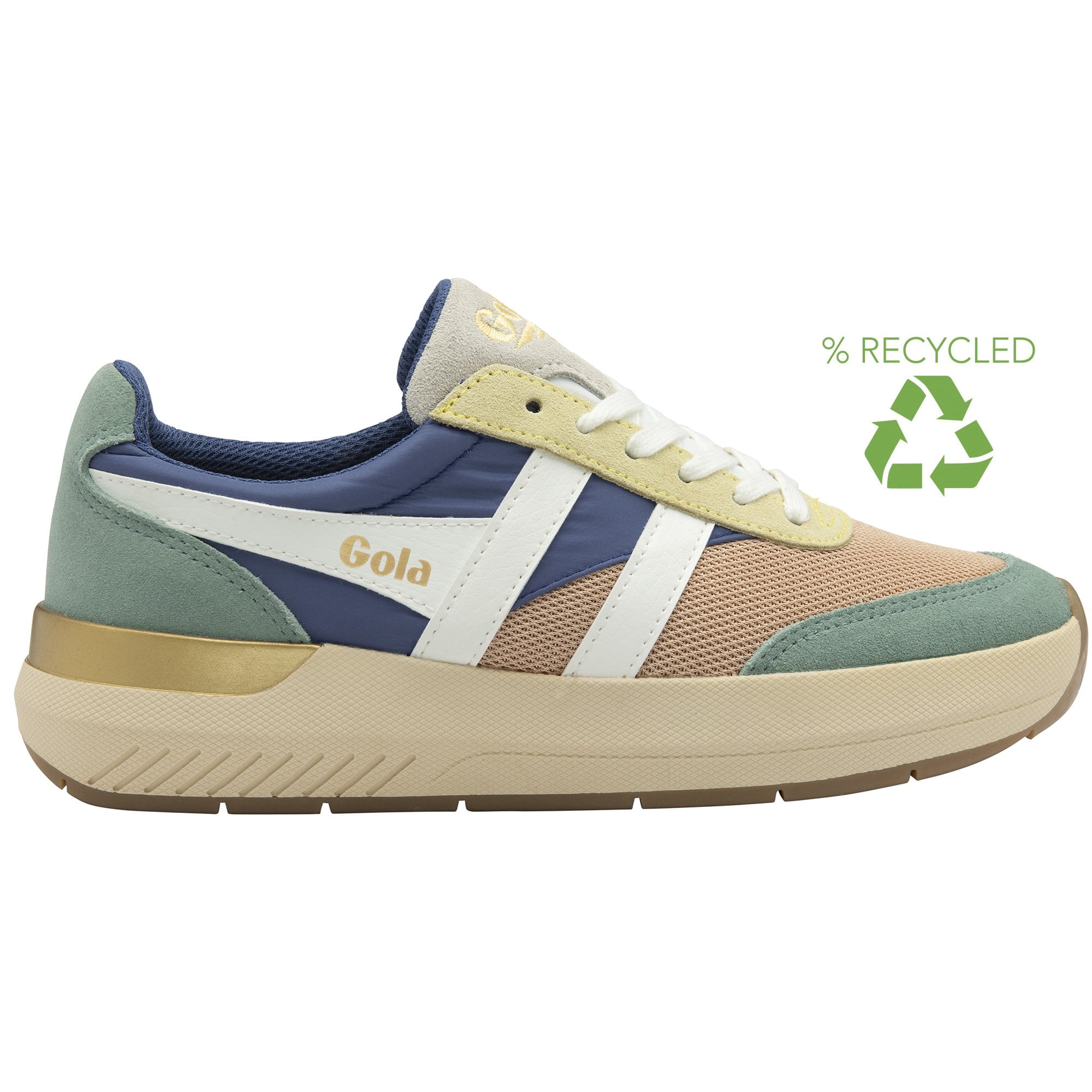 Side view of a colorful Gola sneaker with a "% recycled" symbol.