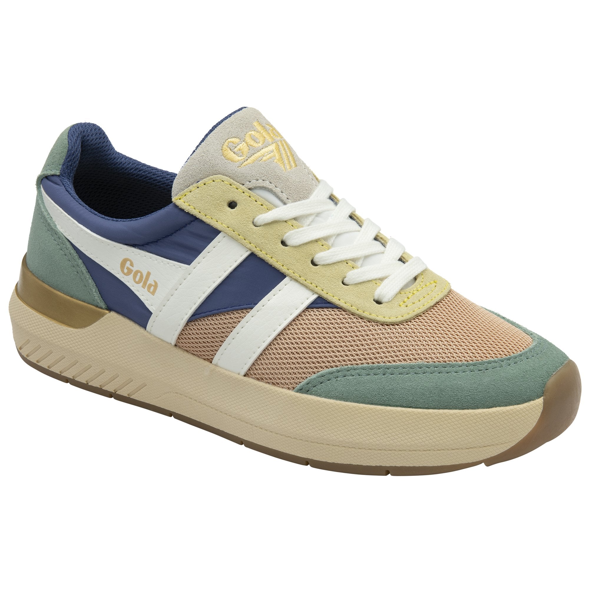 Angled view of a single Gola sneaker in various pastel colors.
