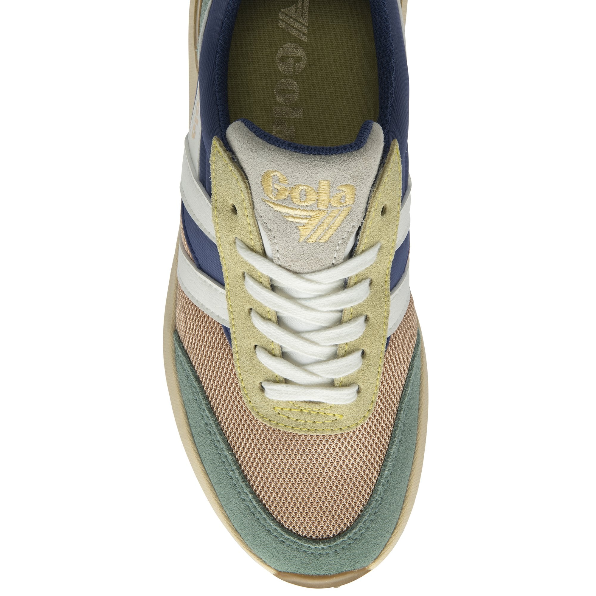 Top-down view of a single Gola sneaker, focusing on the laces and toe box.