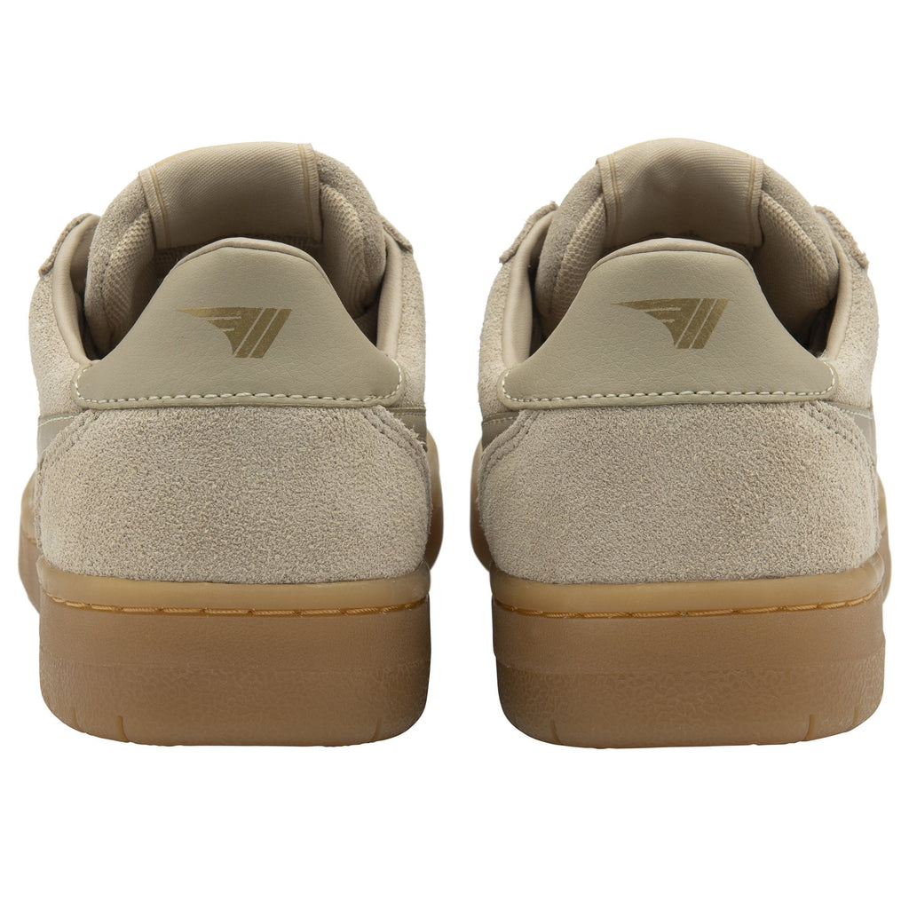 A close-up view of the back of the Gola Elan trainers in mink/gum.